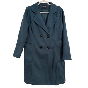 Timeless Wool Blend Double Breasted Longline Peacoat Women's‎ M Blue Oversized